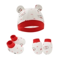 Set neonato 3 pezzi con cappellino, calzini e muffole bianchi con bordi rossi a contrasto - Set da 3 Pezzi Orso Cartone Animato Rosso Fuoco