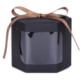 Hexagonal black matte gift box with transparent window and brown satin ribbon bow - Black