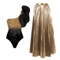 One-shoulder sequined swimsuit with black ruffles and a metallic pleated maxi skirt - S / One Shoulder One Piece Set
