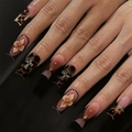 Vintage brown press-on nails with leopard print, 3D flowers, and gothic cross charms - Retro Leopard Flower Cross Style (D-219) / Glue Type