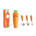 Carrot-shaped stainless steel children's cutlery set with two spoons and a fork in a case - 3pcs Set with Plastic Case and Paper Box
