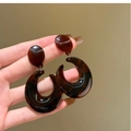 Chic brown tortoiseshell resin hoop earrings with elegant minimalist geometric design - 69# Silver Earring Post-Brown-Tortoiseshell C-shaped