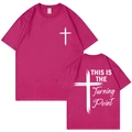 Rose red high quality cotton T-shirt featuring artistic white cross print on front and back - Rose Red