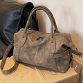Vintage brown leather Boston travel bag with matte finish and adjustable strap - Khaki