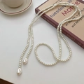 Elegant long pearl necklace with dual baroque pendant drops in French vintage style - 8# Long Faux Pearl Necklace (Baroque Style Pendant)