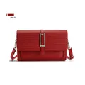 Women's trendy crossbody bag in red with textured woven flap and metal buckle closure - Red