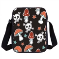 Borsa a tracolla nera per scuola con stampa di teschio e funghi colorati - Fungo Teschio Nero