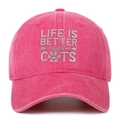 Detailed embroidery on rose red washed cotton baseball cap with Life is Better with Cats text - Rose Red