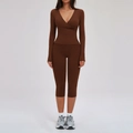 Three-piece yoga set with V-neck long sleeve top and dark brown compression leggings - S / Top And Bottom / 2-Piece Set (Long Sleeve + Middle Pants) / Chocolate Brown