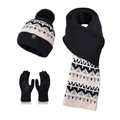 Zwarte winter gebreide set inclusief pompon muts, sjaal en handschoenen met geometrische patronen - Jacquardgebreide 3-delige Set (8722-Zwart) / Zwart