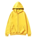 Detail of a bright lemon yellow zip-up hoodie featuring a fleece lining and smooth metal zipper - Yellow