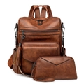 Retro faux leather backpack set for women in brown and black with tassel detail - Two-tone Brown Coarse Grain