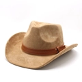 Classic camel faux suede western cowboy hat with decorative brown leather band - M(56-59CM) / Camel