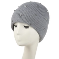 Detailed knit texture of grey winter beanie featuring silver studs and clear rhinestones - L (58-60cm) / Gray