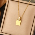 Gold titanium necklace with zircon ring, destiny soul mate rectangle pendant and O-chain - Gold Pave Circle Destiny Soulmate Plate Necklace
