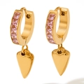 Boucles d'oreilles punk dorées avec zircons roses et pendentifs en forme de cœur - Or Rose