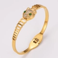 Bracciale a testa di leopardo in acciaio placcato oro con gemme verdi e piccoli strass bianchi - Oro