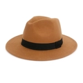 British retro brown wool felt fedora hat with wide brim and black ribbon decoration - M (56-58cm) / Khaki