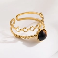 Adjustable 18K gold-plated ring with round dark brown gemstone and bead-style band - R01031-Gold Round Dark Brown Gem