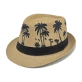 Cappello fedora estivo in paglia beige scuro con stampe di palme nere e nastro - M / Cachi Scuro (Grande Albero di Cocco)