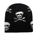 Close-up of black knitted beanie featuring white skull and crossbones jacquard pattern - One Size (54-60cm) / Solid Black All-over Skull