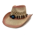 Ethno-Strohhut im Cowboy-Stil mit rosa Farbverlauf und türkisem Perlenband - Einheitsgröße / Rosa