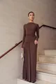 Slim fit dark brown long sleeve midi dress with elegant draped ruched waist design - S / Coffee