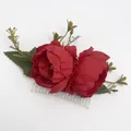 Bohemian hair comb with deep red silk peonies and green leaves for bridal hair styling - FS39-4 Red