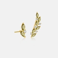 Detail of asymmetrical olive green marquise zircon stud and leaf ear crawler in gold - 18K Gold (Green Zirconia)