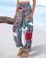Detail of high waisted bohemian paisley print lounge pants with elastic smocked waist - S / Blue