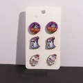 Detailed view of 3 pairs of Halloween wooden stud earrings with ghosts and pumpkins - Halloween Cartoon Witch Ghost Skull Set(MO6)