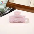 Square pink iridescent acrylic hair claw clip on wooden tray with magazine - PVC 7.5cm Rectangular - Iridescent Purple
