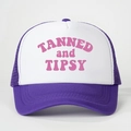 Detail of purple and white mesh trucker hat with pink TANNED and TIPSY print - One Size / Purple