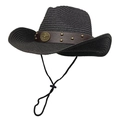 Detail of black woven cowboy straw hat with vintage rivets and adjustable chin strap - M (56-58cm) / Black