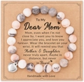 Handmade stone beaded bracelet with silver heart pendant on gift card for Mom - Pink Zebra + Dear Mom Card