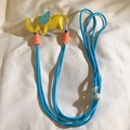 Detail of yellow elephant leather strap with blue adjustable woven cord and white buckle - Back Clip + Long Strap / Yellow