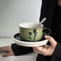 Green tulip pattern ceramic coffee cup with beige saucer and metal spoon set - Green-Tulip