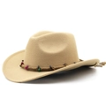 Detail of beige felt cowboy hat featuring woven hemp rope and colorful wooden beads - M (56-58cm) Adjustable / Camel