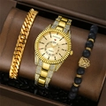 Golden quartz watch set with luxury crystal strap and lion cuban chain bracelet in gift box - Gold Set