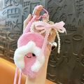Cute pink plush slipper keychain featuring a pearl chain and elegant pink bow accessory - Squeaky Plush Slipper Pendant / Pink