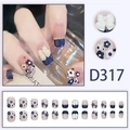 Press-on nails in navy blue French style with 3D bows, pearls, and small floral patterns - Glue Type / Dark Blue Bow Style (D317)
