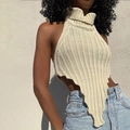 Elegante top a lupetto in maglia beige con schiena scoperta e orlo a punta - Taglia S / Verde