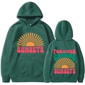 Sweat à capuche vert foncé avec graphismes de coucher de soleil vintage devant et derrière - Vert Foncé