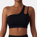 One-shoulder black yoga bra with asymmetric cutout strap and supportive elastic band - S / Premium Black