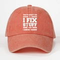 Detail of washed cotton baseball cap with white printed lettering and tool graphics - One Size / Orange