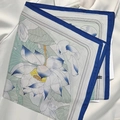 Elegant lotus floral print silk square scarf with blue border and green accents - Hehua Square Scarf / 65