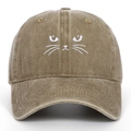 Detail of cute cat face embroidery on vintage washed cotton baseball cap in dark khaki - One Size / Khaki