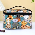 Teal makeup bag with colorful cartoon cat print featuring a double zipper and top handle - Green Cool Cat Large Square Bag