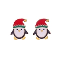 Close-up of cute penguin stud earrings with Christmas hats and colorful enamel finish - Snowman