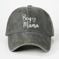 Close-up of white Boy Mama embroidery and green eyelets on dark grey washed cotton baseball cap - One Size / Army Green